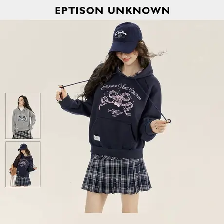 EPTISON连帽卫衣女2025冬季新款甜美少女蝴蝶结加绒宽松套头上衣商品大图