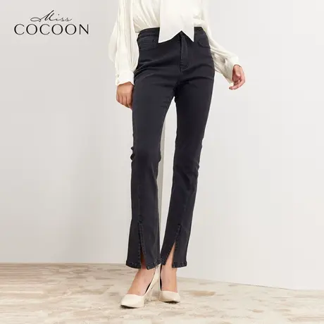 miss COCOON修身黑色裤子女2023新款春秋高腰弹力开叉微喇牛仔裤图片