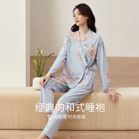 顶瓜瓜春秋纯棉睡衣女士甜美印花睡袍薄款长袖长裤家居服套装商品大图