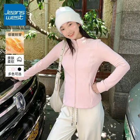KV真维斯粉色立领开衫外套女2025新款秋冬季双面绒修身显瘦上衣女商品大图