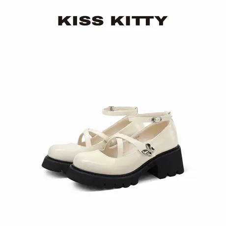 【呼呼专享】KISSKITTY法式一字带厚底玛丽珍蝴蝶扣高跟鞋米白色商品大图