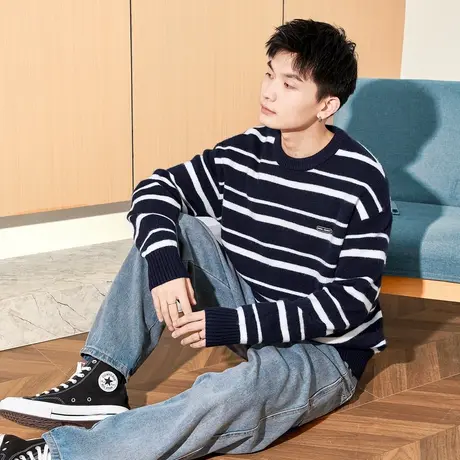 唐狮秋冬季新款条纹毛衣男生圆领日系休闲百搭针织衫外穿上衣潮TE图片