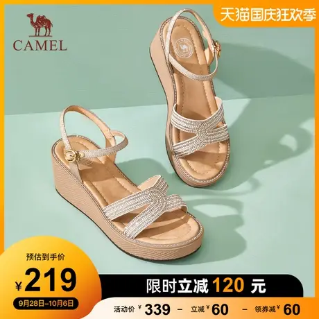 骆驼女鞋2023夏季新款水钻一字带休闲增高坡跟厚底罗马女时装凉鞋图片
