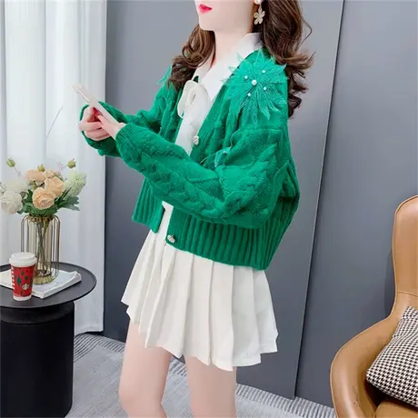 复古麻花小个子毛衣开衫女春秋2023年新款宽松设计感减龄针织外套图片