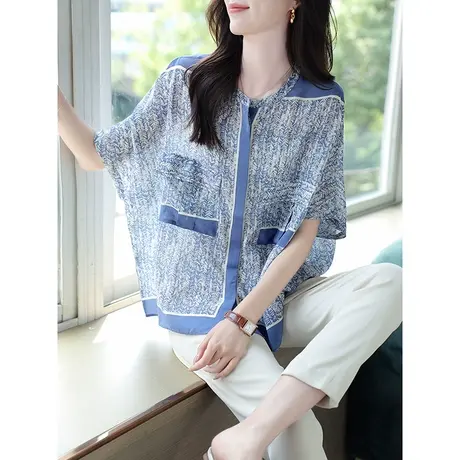 宝诗黎圆领五分蝙蝠袖印花桑蚕丝衬衫女2023夏季新款宽松真丝衬衣商品大图