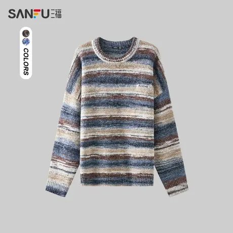 三福2023冬男士花版条纹毛衣 时尚休闲宽松圆领上衣男477119图片