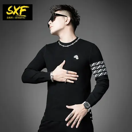SXF圣希梵男士毛衣 2023新款秋冬线衣服毛衫潮牌条纹刺绣针织衫男商品大图