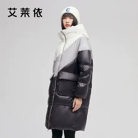 艾莱依新品三色拼接羽绒服女冬中长款白鸭绒加厚大牌高端冬季外套图片