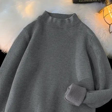 一体绒毛衣男秋冬潮流针织衫半高领打底衫一体绒加厚加绒中领线衣商品大图