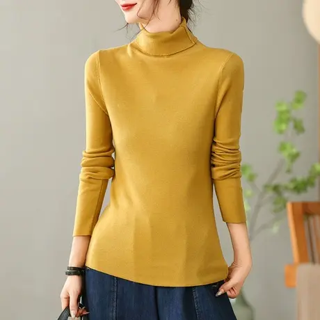 dza 复古纯色高领长袖针织衫女秋冬内搭打底宽松休闲上衣套头毛衣商品大图