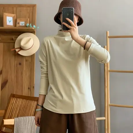 dza复古纯色棉质双面薄绒高领T恤女秋冬内搭显瘦上衣女宽松打底衫商品大图