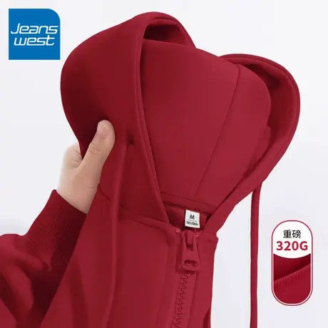 ZR真维斯红色卫衣加绒新款女士春秋季冬季开衫连帽拉链女卫衣外套图片