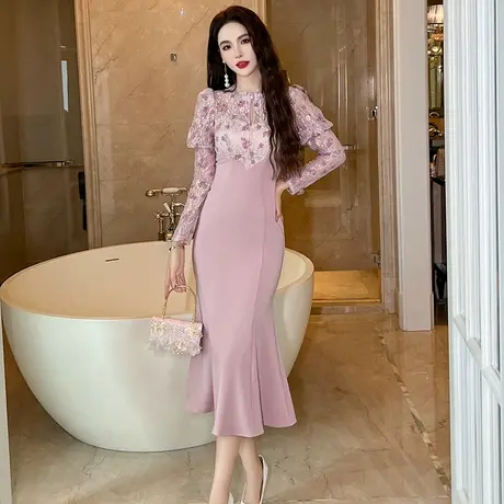 碎花拼接新中式改良旗袍连衣裙优雅修身温柔风蕾丝鱼尾裙2023新款商品大图