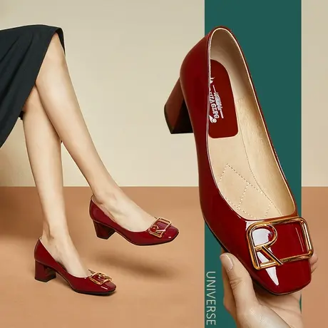春季百搭单鞋红色高跟鞋婚礼婆婆妈妈鞋粗跟中跟浅口女士皮鞋图片