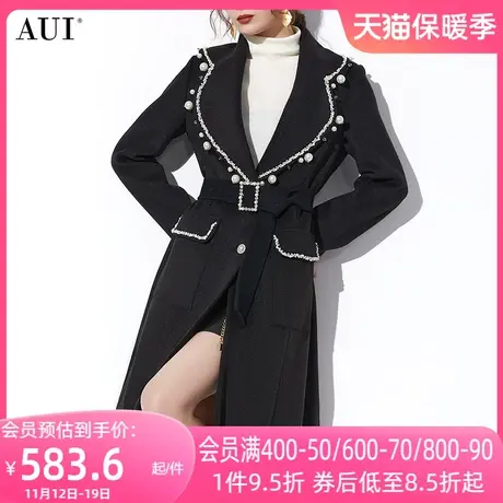 AUI黑色名媛气质中长款毛呢外套女2023冬新款赫本风修身呢子大衣商品大图