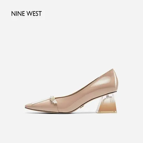 Nine West/玖熙拼色扣带渐变粗跟高跟鞋气质春新款方头气质单鞋女图片