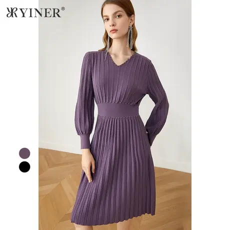 YINER音儿奥莱女装秋季V领收腰钉珠连衣裙图片