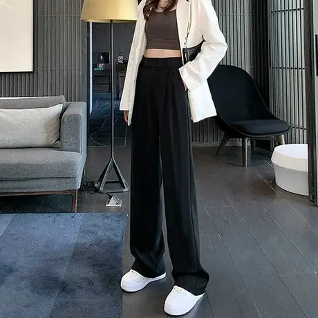 黑色阔腿裤女春秋高腰宽松大码裤子薄款垂感显瘦胖mm直筒裤西装裤商品大图