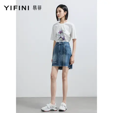 Yifini/易菲纯棉牛仔短裙女2023夏季新款百搭时尚前短后长半身裙图片
