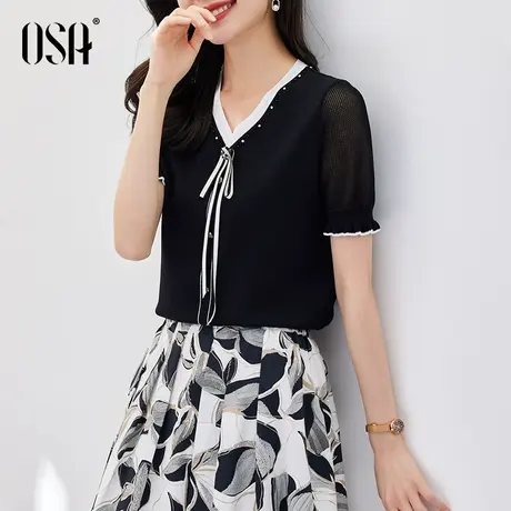 OSA欧莎黑色小香风蝴蝶结短袖针织衫女夏季2022年新款冰丝上衣薄商品大图