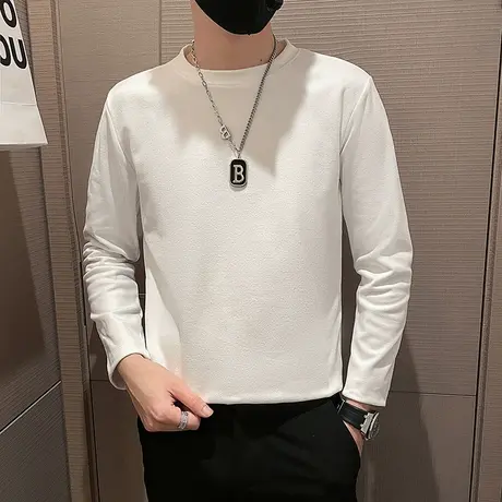 德绒圆领长袖T恤男2023新款秋冬内搭潮流纯色休闲打底衫体恤上衣商品大图
