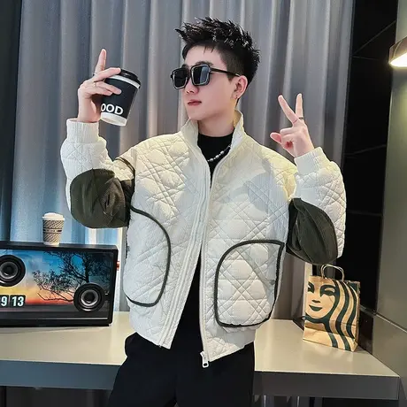 拼色冬季时尚休闲痞帅工装菱形格学生个性棉服外套潮牌ins棉衣难图片