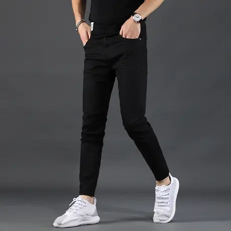 春秋季纯黑色九分牛仔裤男2023新款修身小脚休闲男士裤子9分锥形商品大图