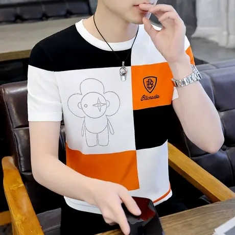 冰丝针织短袖t恤夏季潮流格纹拼色打底衫男款半袖烫钻刺绣薄体恤商品大图