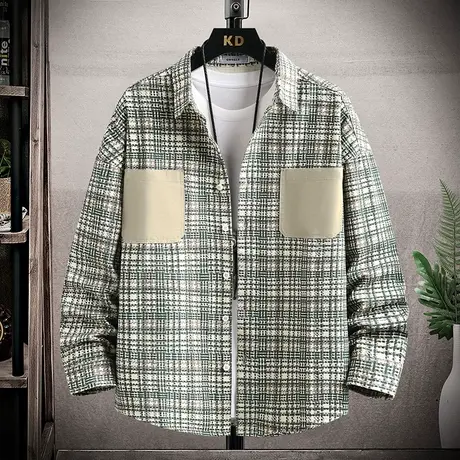 格子长袖衬衫男春秋季宽松纯棉工装衬衣男士潮牌贴布翻领休闲外套商品大图