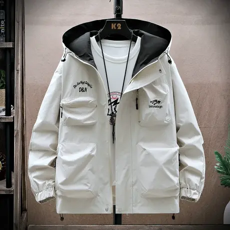 工装夹克男春秋季潮流冲锋衣连帽外套男士户外休闲防风褂子上衣服商品大图