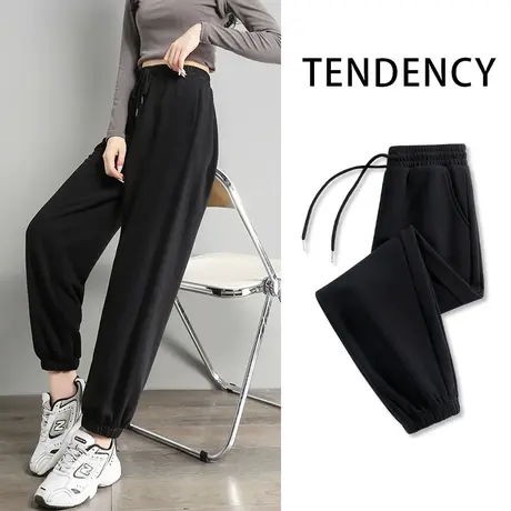 ZR真维斯卫裤女2023新款春秋高级感黑色螺纹束脚裤宽松休闲抽绳裤商品大图