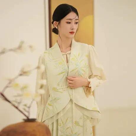 素飞中式改良马甲不规则衣摆上衣手工盘扣织锦提花背心秋冬T60353图片