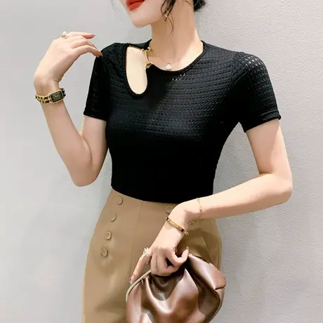 2023夏季新款性感镂空T恤女短袖时尚洋气网纱小衫紧身别致上衣女商品大图