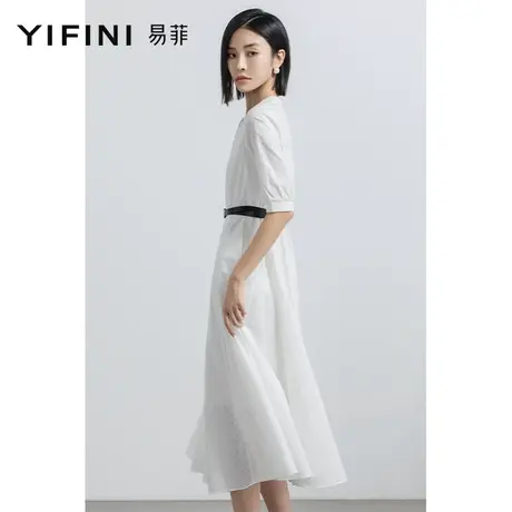 Yifini/易菲五分袖宽松中长款连衣裙女春夏新款收腰纯棉裙子图片