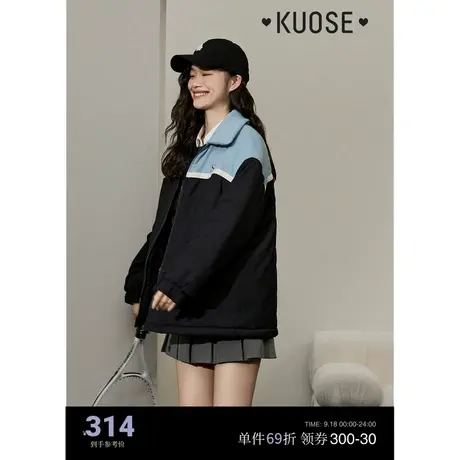 阔色拼色休闲棉服美式复古短款夹棉外套女2023秋冬季新款棉衣商品大图