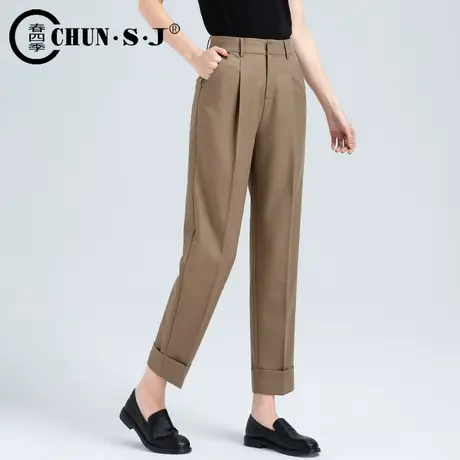 灰色西装裤女直筒哈伦裤2023新款大码萝卜裤翻边休闲西裤九分裤子商品大图