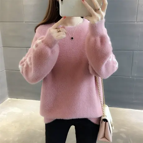 毛衣女宽松2018秋冬新款长袖圆领针织衫女套头慵懒风纯色打底衫潮商品大图
