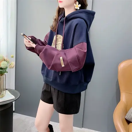 高级感拼色加绒加厚连帽卫衣女秋冬新款韩版宽松时尚休闲短款上衣商品大图