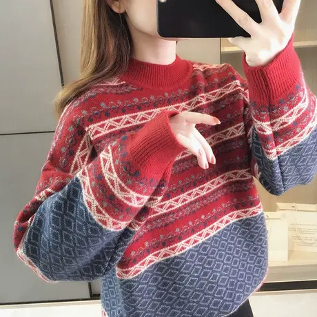 半高领毛衣女装新款宽松打底衫冬季复古日系慵懒风加厚套头外搭商品大图