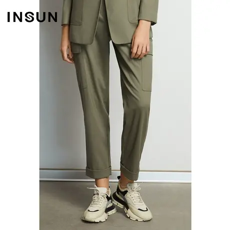 INSUN恩裳冬季复古工装风小脚羊毛西裤商品大图