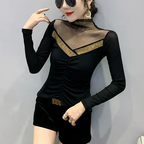 半高领加绒打底衫女内搭秋冬性感网纱上衣修身显瘦镂空T恤长袖潮商品大图