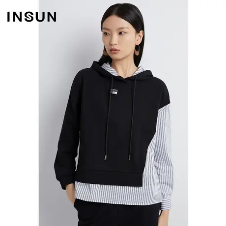 INSUN恩裳奥莱秋季撞色条纹拼接长绒棉休闲卫衣图片