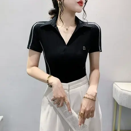 女装2024新款个性网红T恤短袖洋气POLO领小衫时尚修身上衣设计感图片
