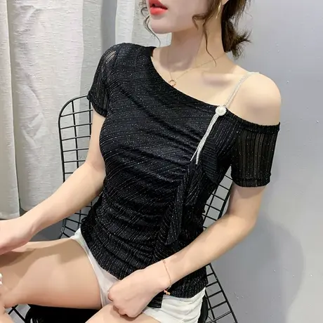 欧货性感网纱短袖T恤女2024夏季新款洋气荷叶边小衫紧身露肩上衣商品大图