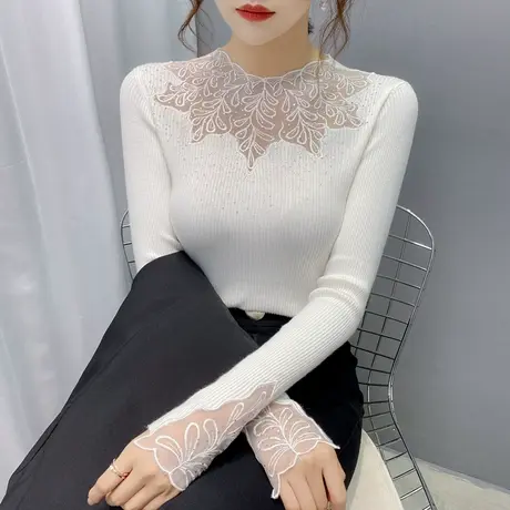 蕾丝打底衫女长袖秋冬新款洋气修身套头针织上衣百搭紧身毛衣内搭图片