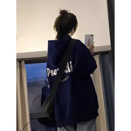 美式复古oversize藏蓝连帽卫衣女外套秋冬2023新款加厚宽松上衣潮商品大图