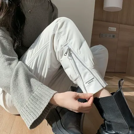 羽绒裤女外穿时尚冬季白鸭绒棉裤高腰宽松加绒白色运动束脚工装裤商品大图