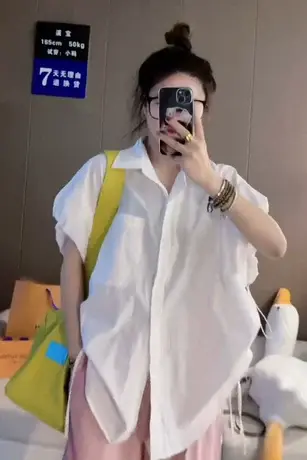 白色短袖抽绳衬衫女2023夏季新款宽松显瘦衬衣小众chic休闲上衣潮商品大图