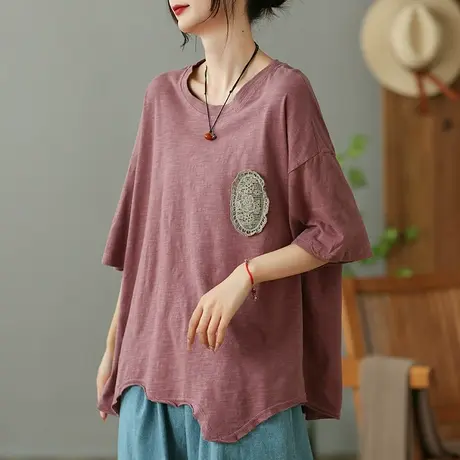 dza纯棉不规则短袖T恤女2023夏薄款圆领打底体恤宽松显瘦套头上衣商品大图