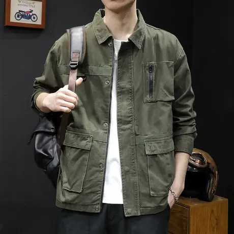 牛仔外套男春秋款2023新款潮牌多口袋工装加大码男士休闲夹克秋季图片